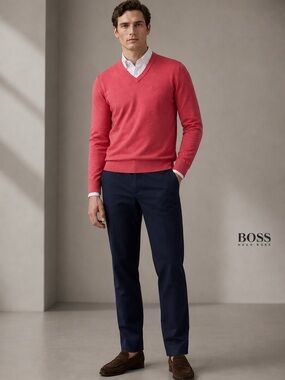 Hugo Boss Men’s V-Neck Wool Blend Heather Pink Sweater Size S NWT Regular Fit
